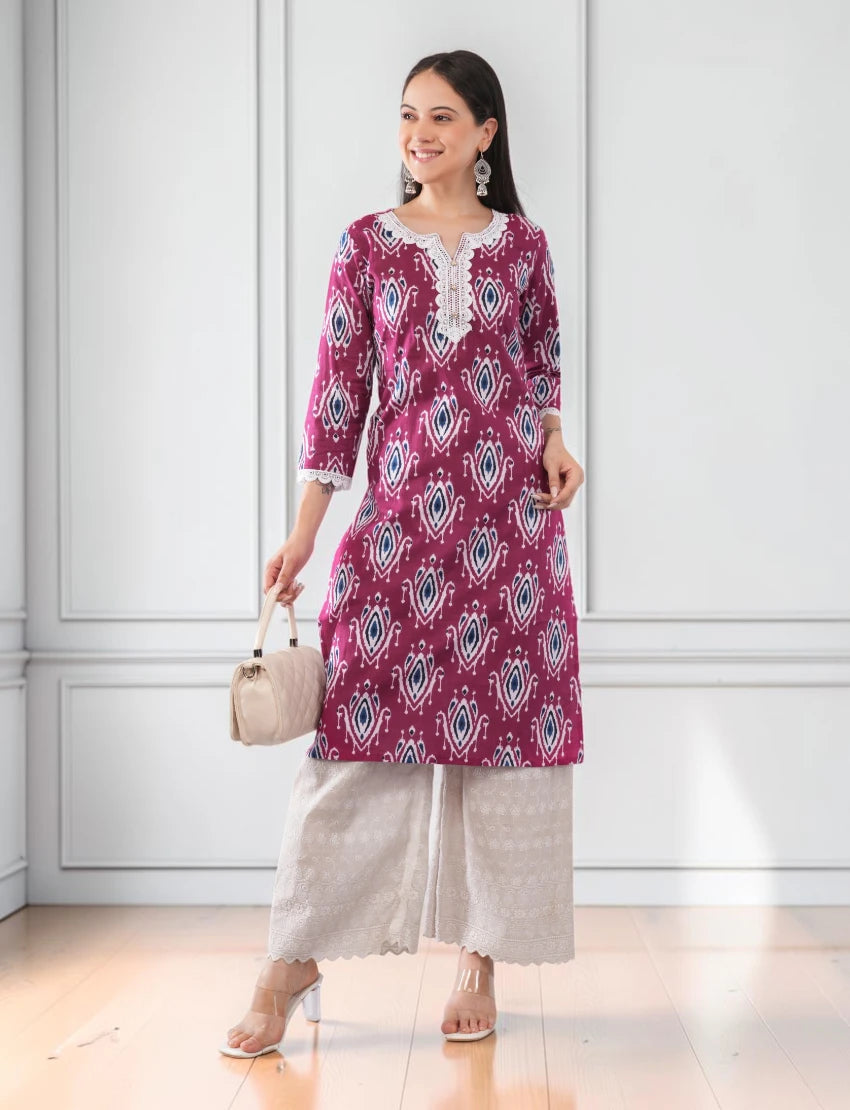 Pink Printed Cotton Kurta for Women