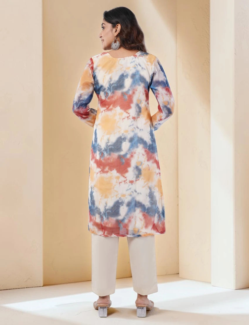 Tie Dye Organza Salwar Suit, Multicolor, Long Sleeve Kurta with Pants and Dupatta Set