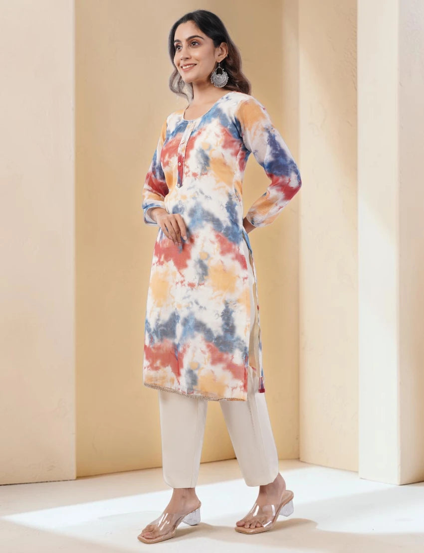 Tie Dye Organza Salwar Suit, Multicolor, Long Sleeve Kurta with Pants and Dupatta Set
