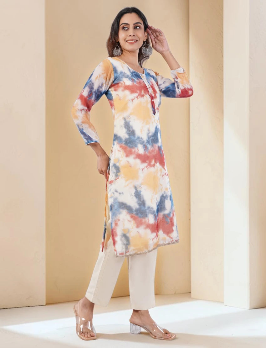 Tie Dye Organza Salwar Suit, Multicolor, Long Sleeve Kurta with Pants and Dupatta Set