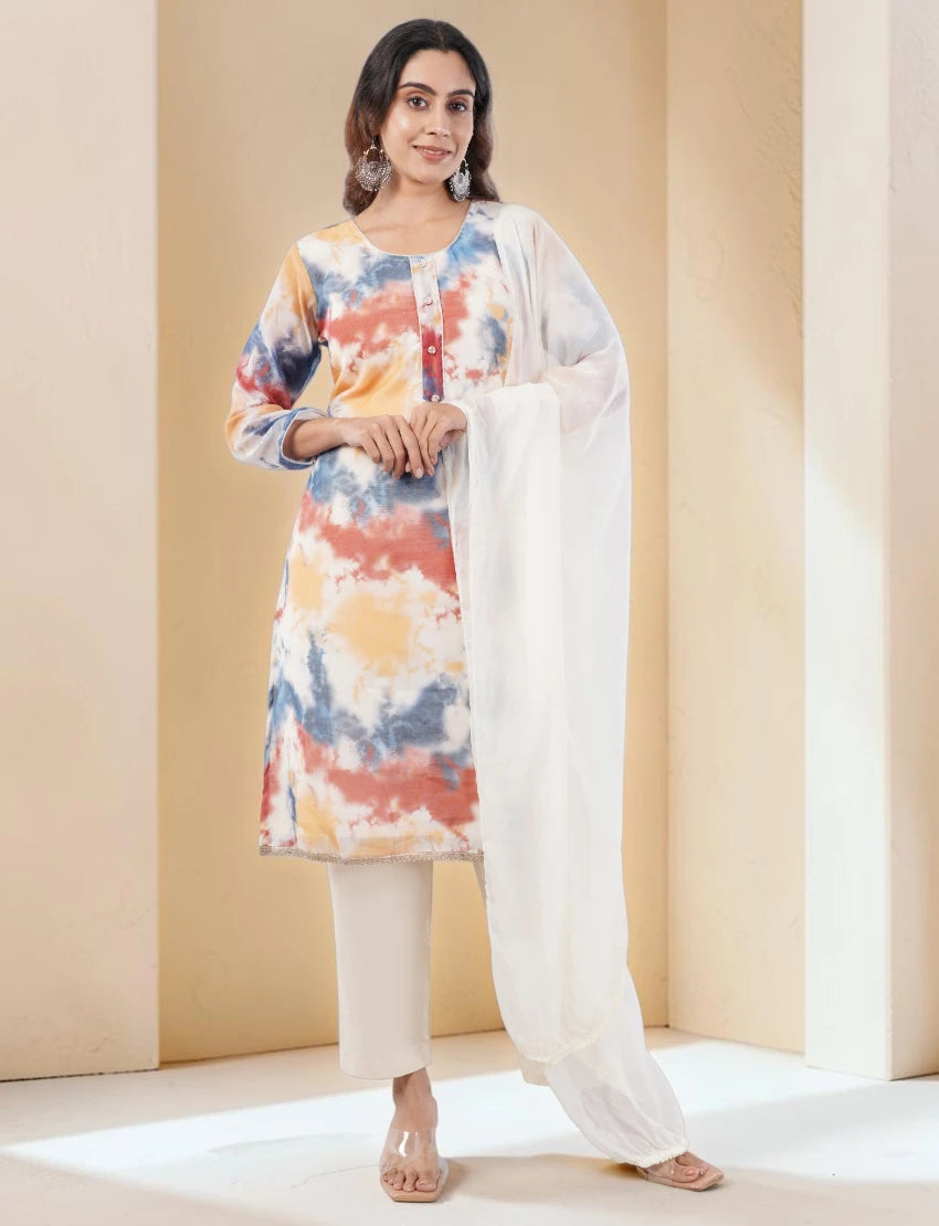Tie Dye Organza Salwar Suit, Multicolor, Long Sleeve Kurta with Pants and Dupatta Set