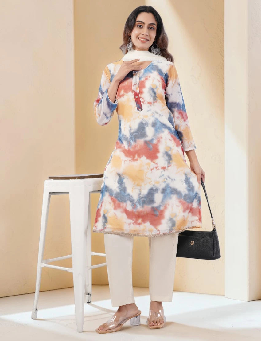 Tie Dye Organza Salwar Suit, Multicolor, Long Sleeve Kurta with Pants and Dupatta Set