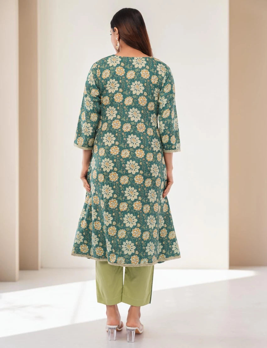 Women Cotton Salwar Suit Set, Teal Green Floral Embroidered Kurta with Dupatta and Pants
