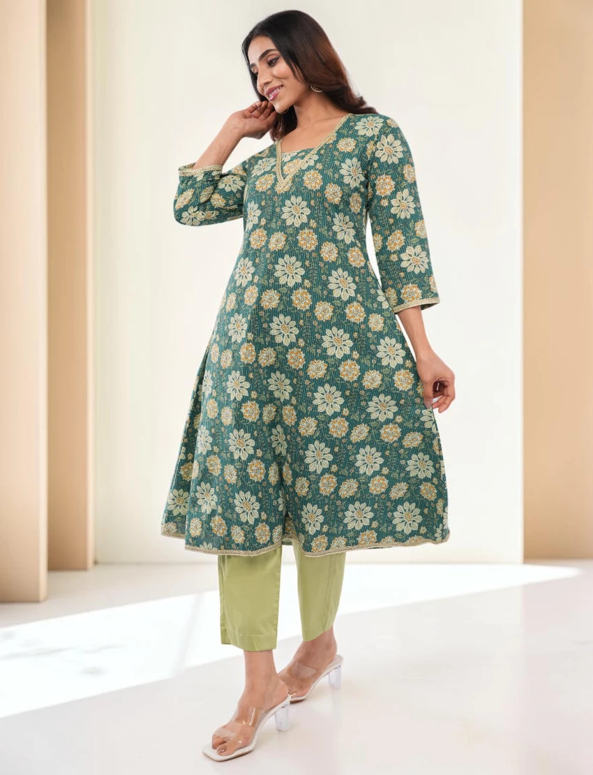 Women Cotton Salwar Suit Set, Teal Green Floral Embroidered Kurta with Dupatta and Pants