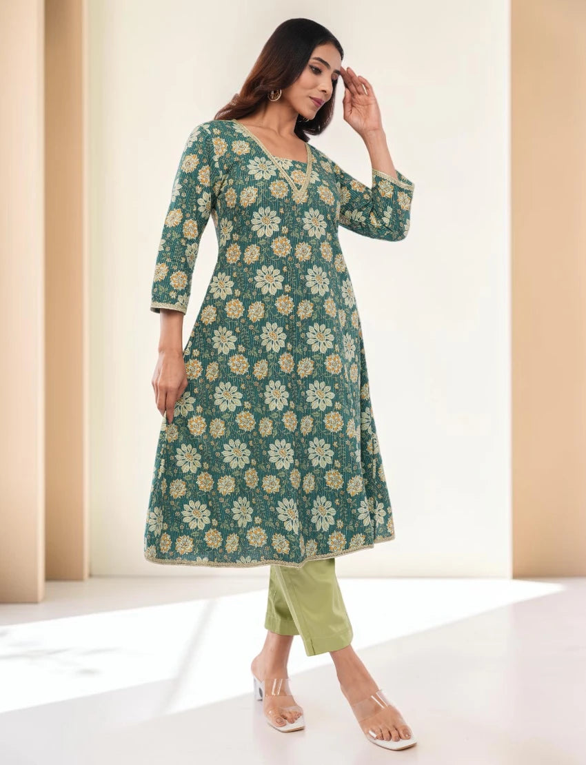 Women Cotton Salwar Suit Set, Teal Green Floral Embroidered Kurta with Dupatta and Pants