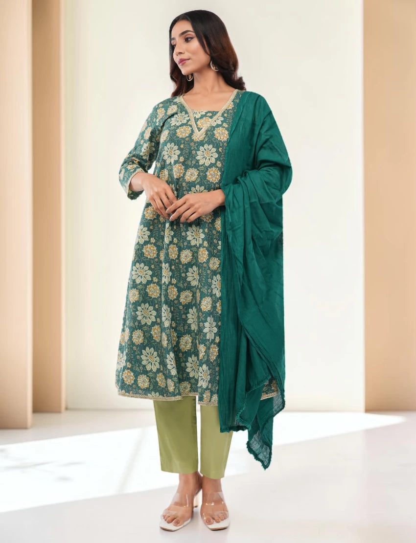 Women Cotton Salwar Suit Set, Teal Green Floral Embroidered Kurta with Dupatta and Pants