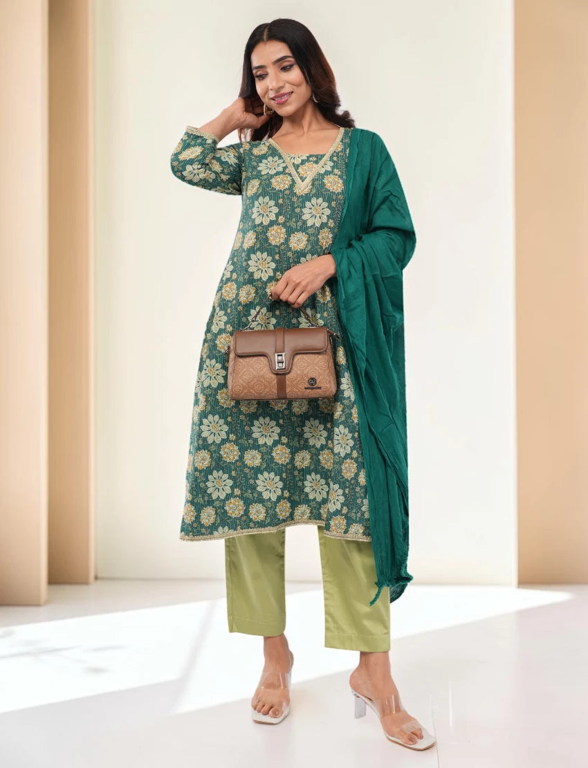 Women Cotton Salwar Suit Set, Teal Green Floral Embroidered Kurta with Dupatta and Pants