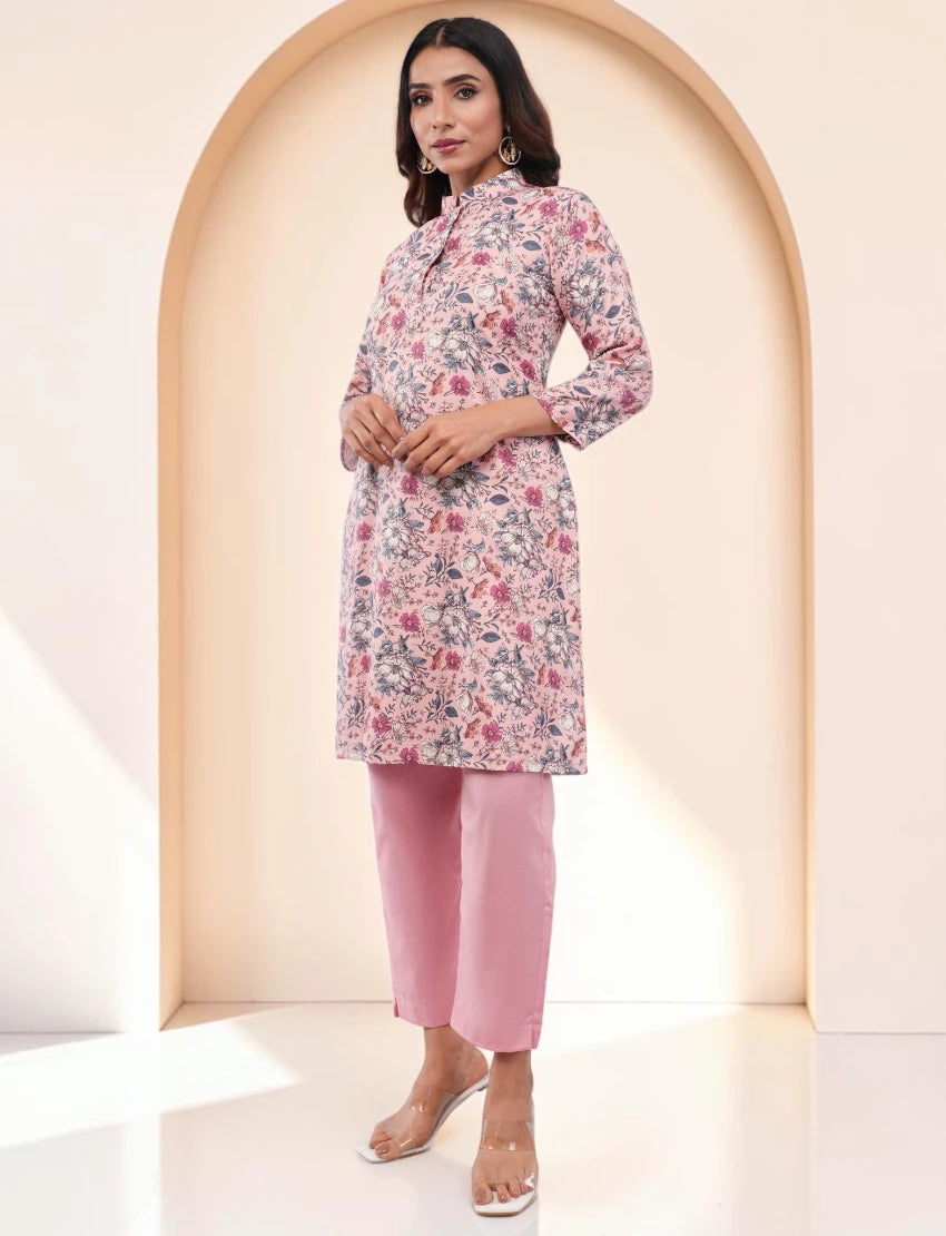 Salwar Suit Set, Floral Print Kurta with Pants and Dupatta