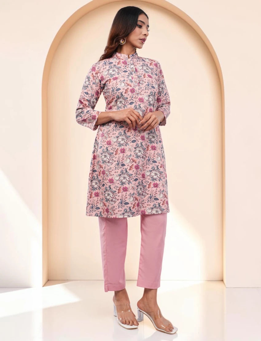 Salwar Suit Set, Floral Print Kurta with Pants and Dupatta