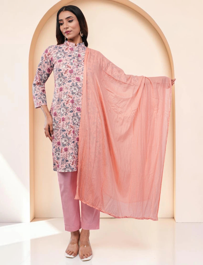 Salwar Suit Set, Floral Print Kurta with Pants and Dupatta