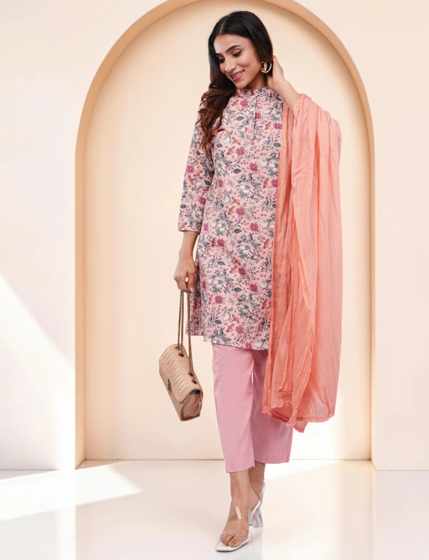 Salwar Suit Set, Floral Print Kurta with Pants and Dupatta