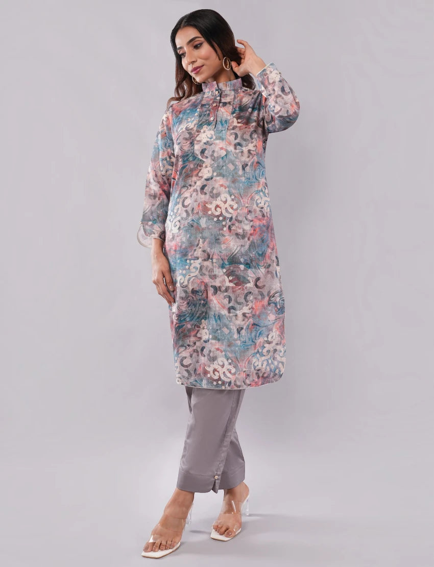 Women Cotton Salwar Suit Set, Floral Print Kurta with Dupatta and Pants