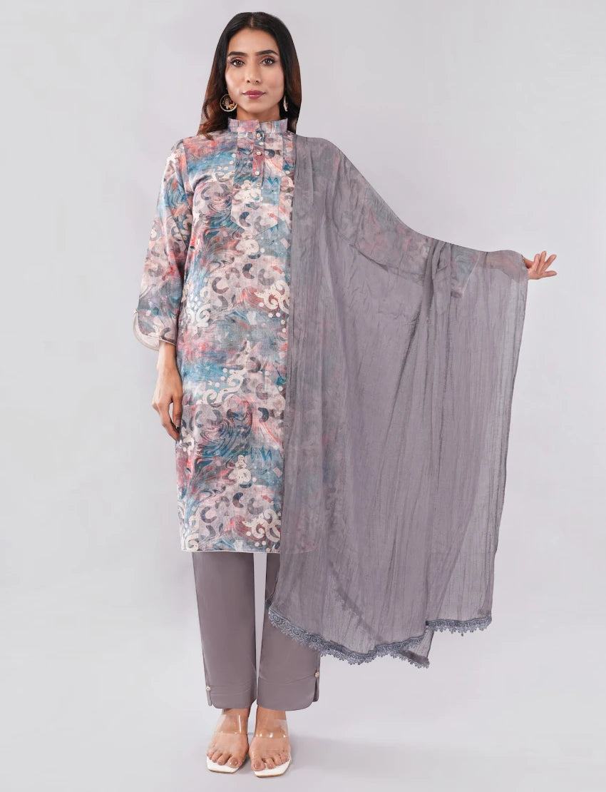 Women Cotton Salwar Suit Set, Floral Print Kurta with Dupatta and Pants