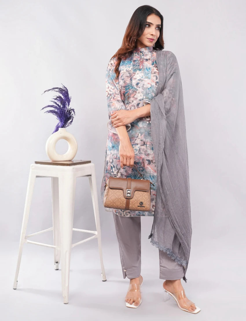Women Cotton Salwar Suit Set, Floral Print Kurta with Dupatta and Pants