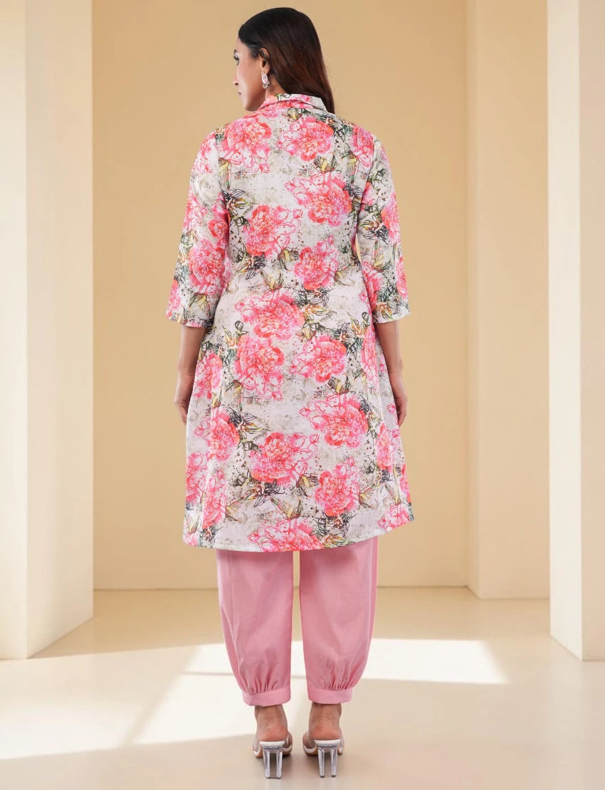 Women Cotton Blend Salwar Suit Set, Pink Floral Print Kurta with Dupatta