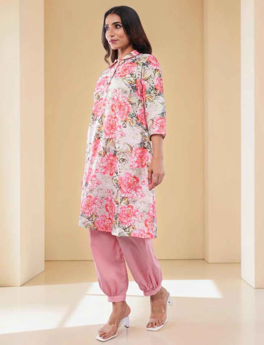Women Cotton Blend Salwar Suit Set, Pink Floral Print Kurta with Dupatta