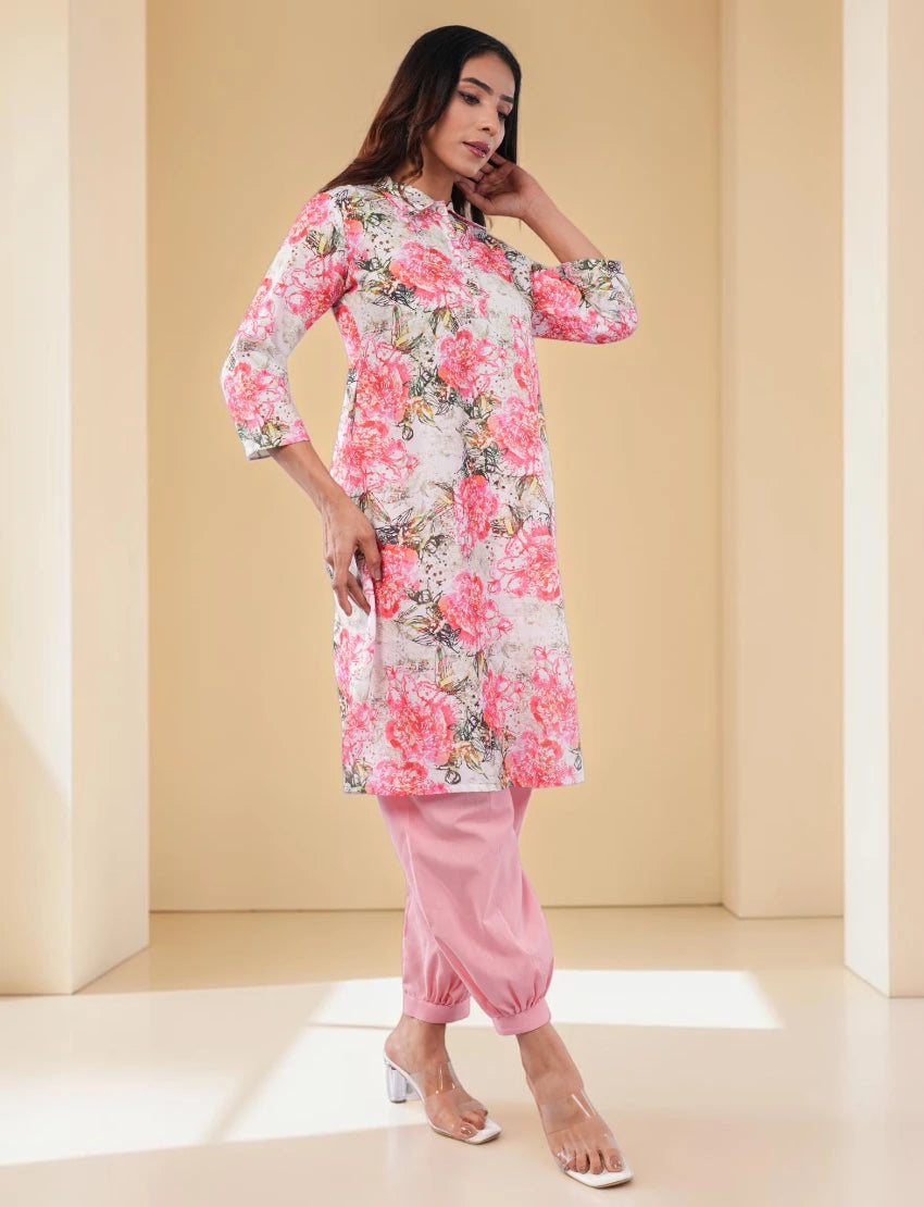 Women Cotton Blend Salwar Suit Set, Pink Floral Print Kurta with Dupatta