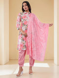 Women Cotton Blend Salwar Suit Set, Pink Floral Print Kurta with Dupatta