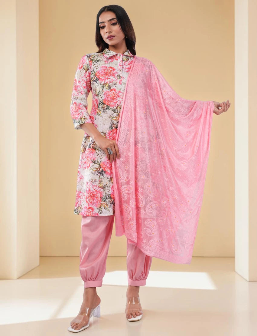 Women Cotton Blend Salwar Suit Set, Pink Floral Print Kurta with Dupatta