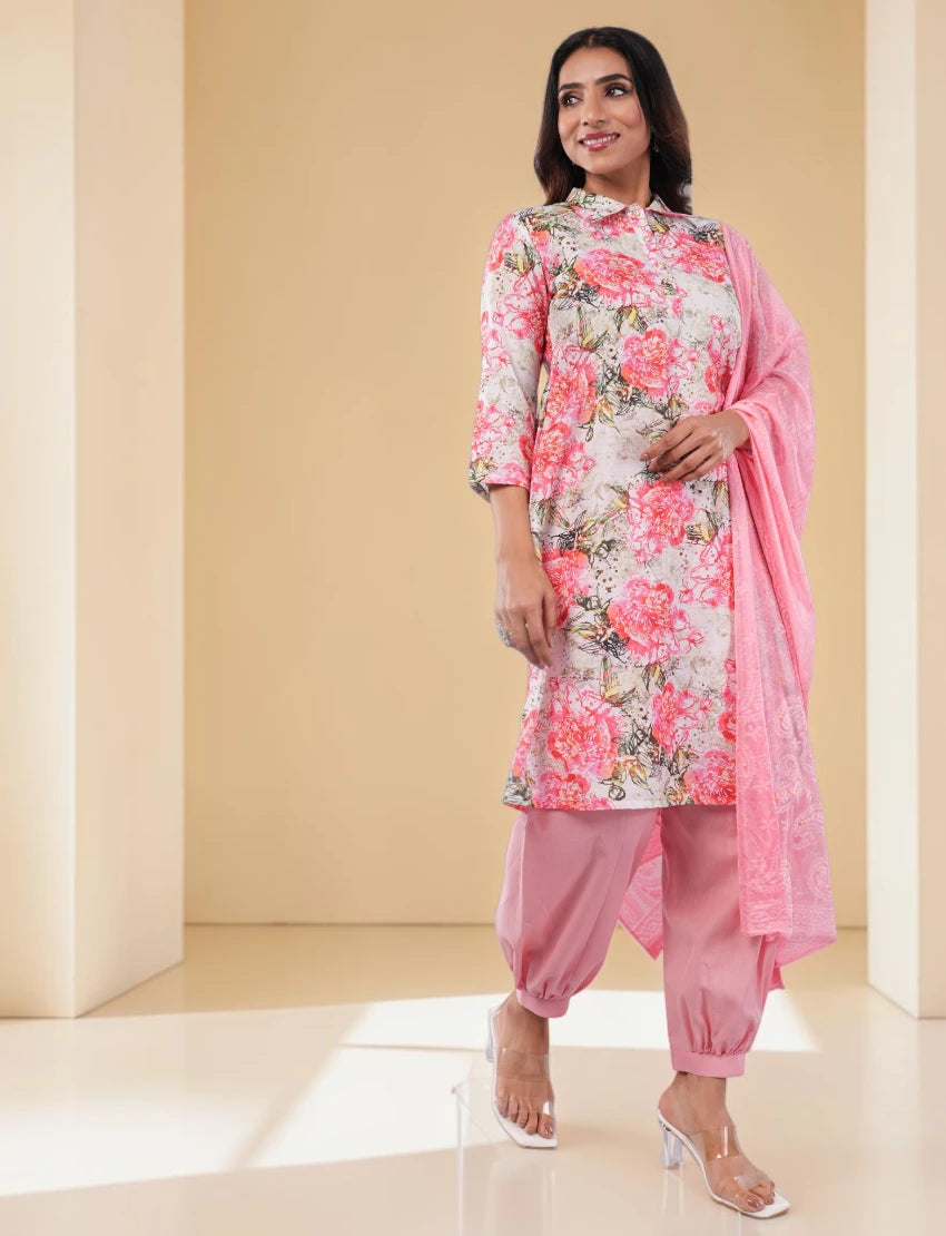 Women Cotton Blend Salwar Suit Set, Pink Floral Print Kurta with Dupatta