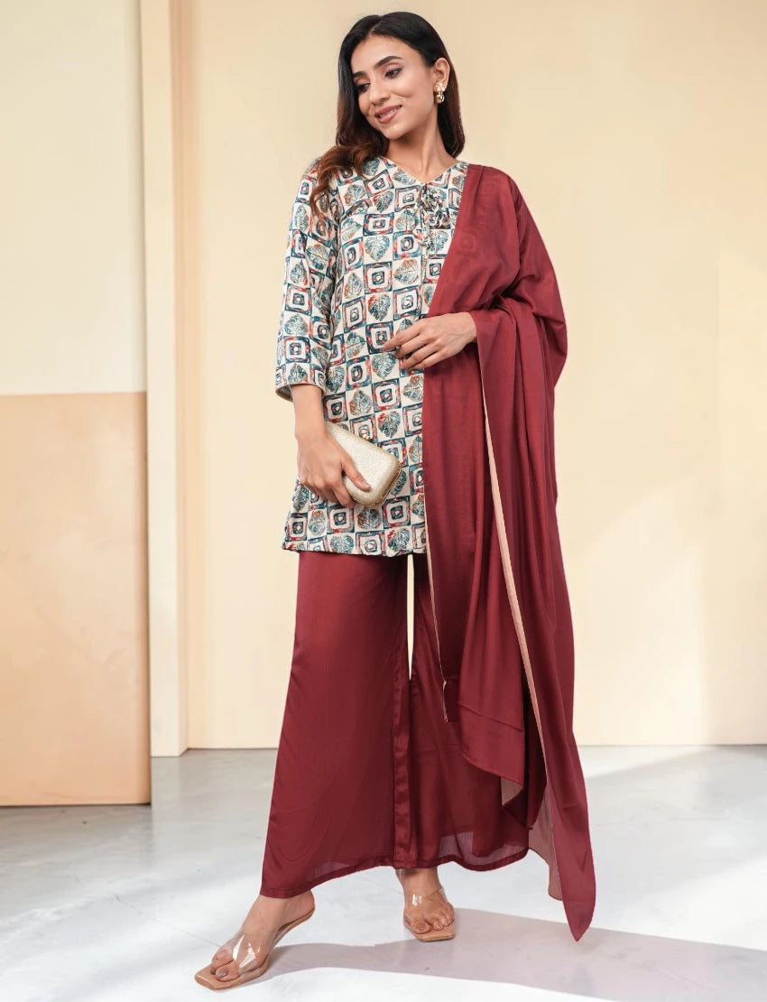 Women Maroon Salwar Suit Set with Dupatta