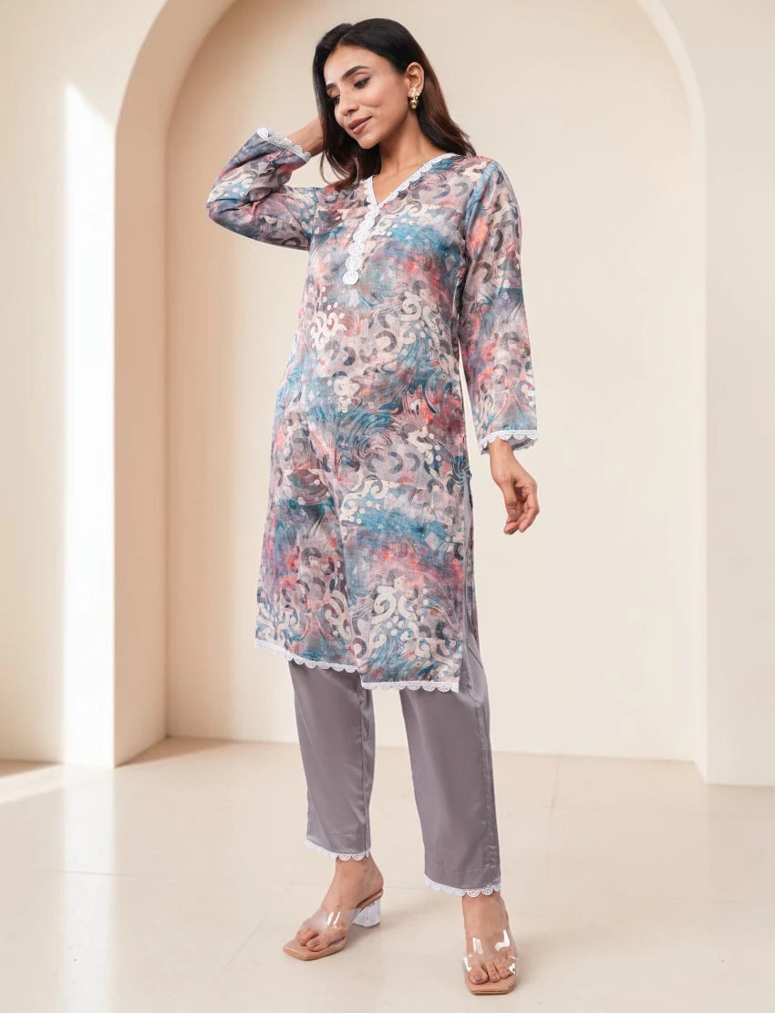 Women Cotton Salwar Suit Set, Multicolor Floral Print with Grey Dupatta