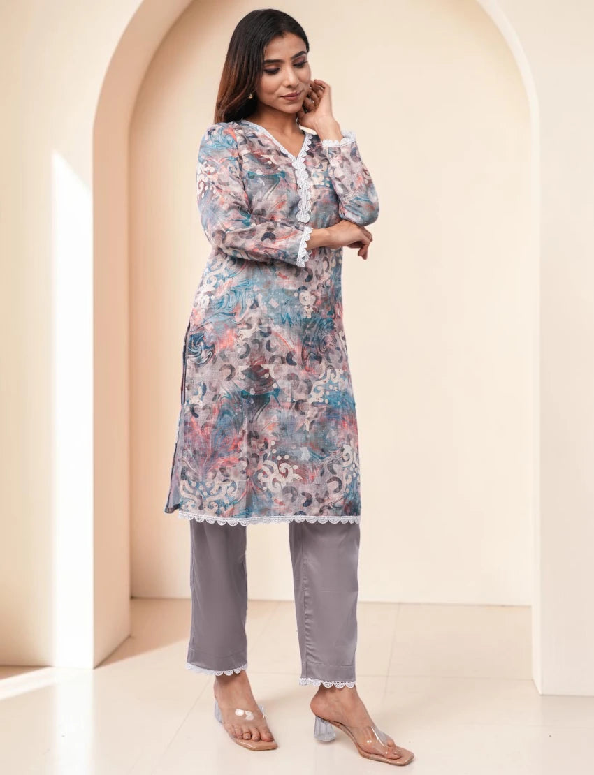 Women Cotton Salwar Suit Set, Multicolor Floral Print with Grey Dupatta