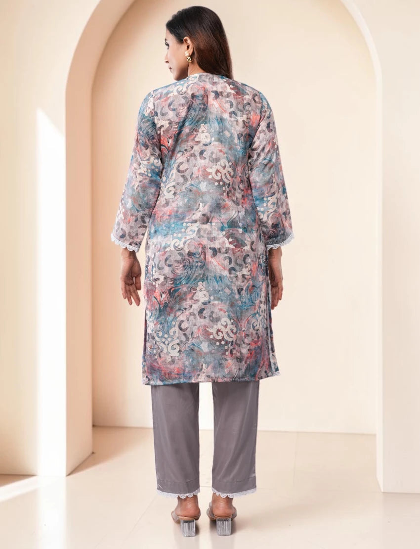 Women Cotton Salwar Suit Set, Multicolor Floral Print with Grey Dupatta