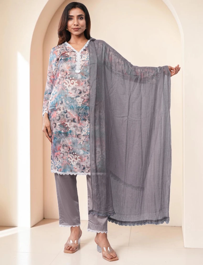 Women Cotton Salwar Suit Set, Multicolor Floral Print with Grey Dupatta