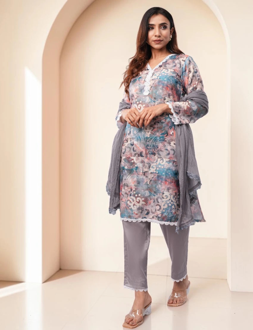 Women Cotton Salwar Suit Set, Multicolor Floral Print with Grey Dupatta