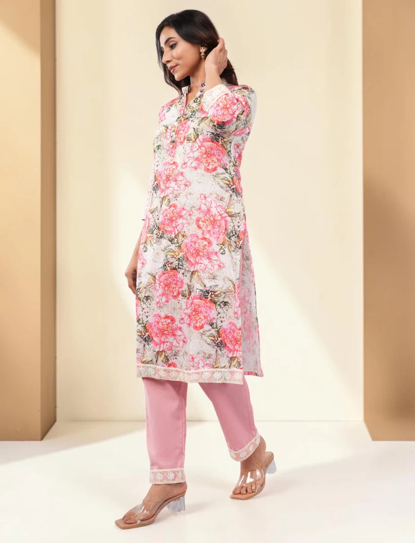 Women Cotton Blend Salwar Suit Set with Dupatta, Pink Floral Print