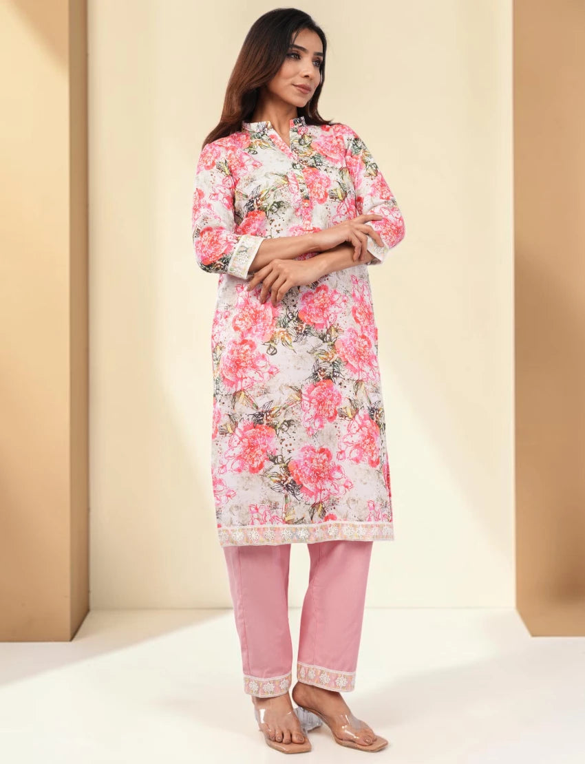 Women Cotton Blend Salwar Suit Set with Dupatta, Pink Floral Print