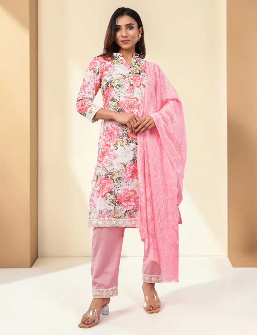 Women Cotton Blend Salwar Suit Set with Dupatta, Pink Floral Print
