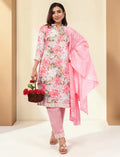 Women Cotton Blend Salwar Suit Set with Dupatta, Pink Floral Print