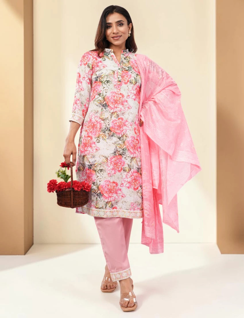 Women Cotton Blend Salwar Suit Set with Dupatta, Pink Floral Print