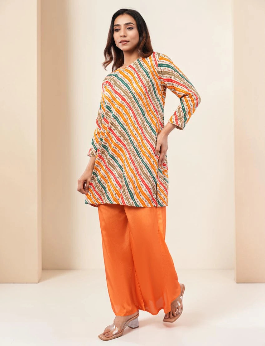 Women Salwar Suit Set, Multicolour Kurta with Orange Palazzo and Dupatta