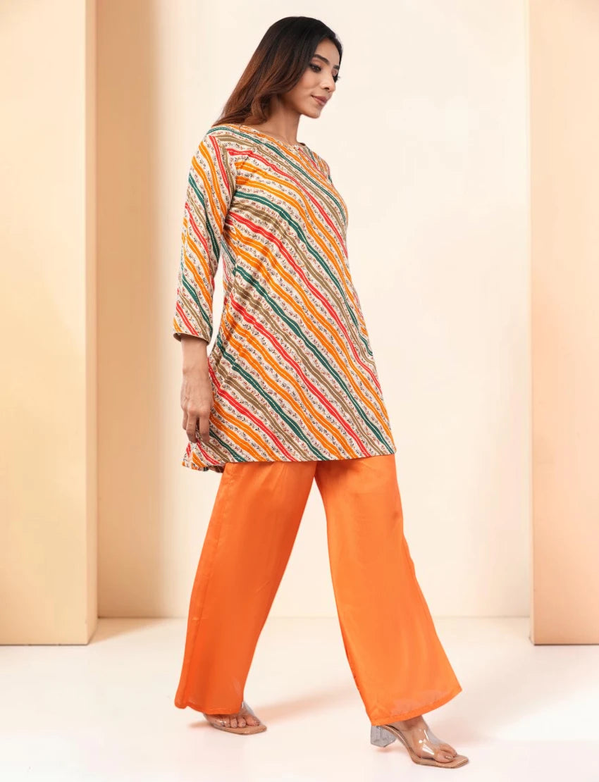 Women Salwar Suit Set, Multicolour Kurta with Orange Palazzo and Dupatta