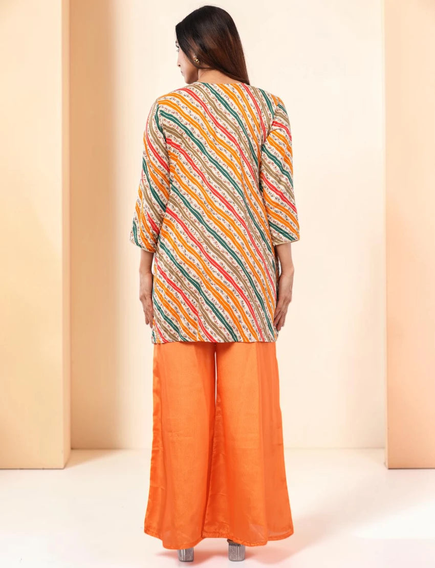 Women Salwar Suit Set, Multicolour Kurta with Orange Palazzo and Dupatta