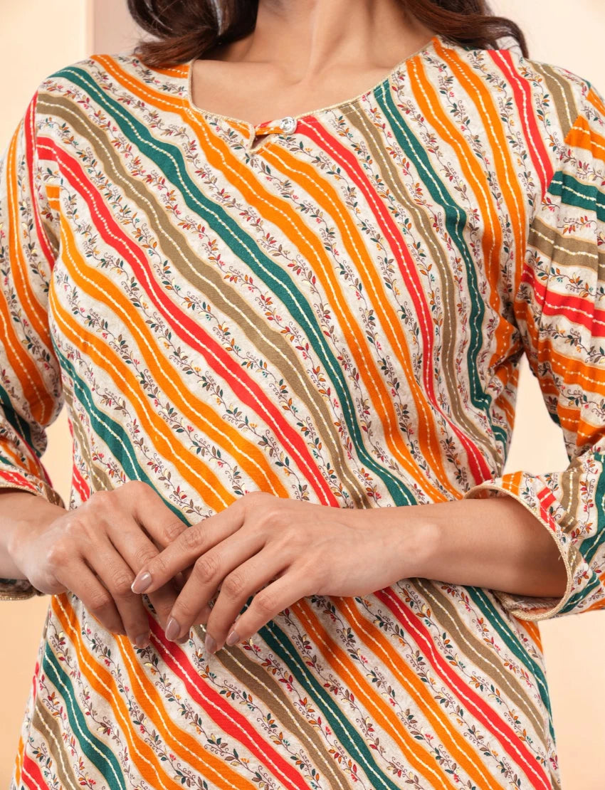 Women Salwar Suit Set, Multicolour Kurta with Orange Palazzo and Dupatta