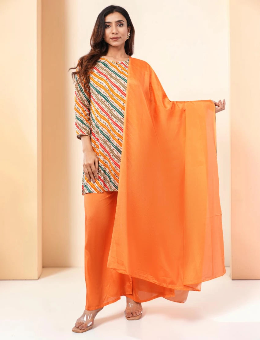 Women Salwar Suit Set, Multicolour Kurta with Orange Palazzo and Dupatta