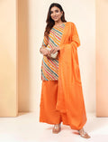 Women Salwar Suit Set, Multicolour Kurta with Orange Palazzo and Dupatta