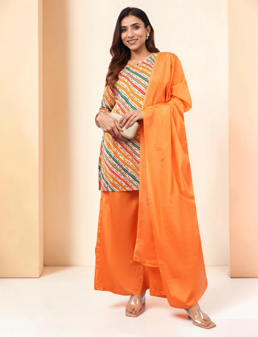 Women Salwar Suit Set, Multicolour Kurta with Orange Palazzo and Dupatta
