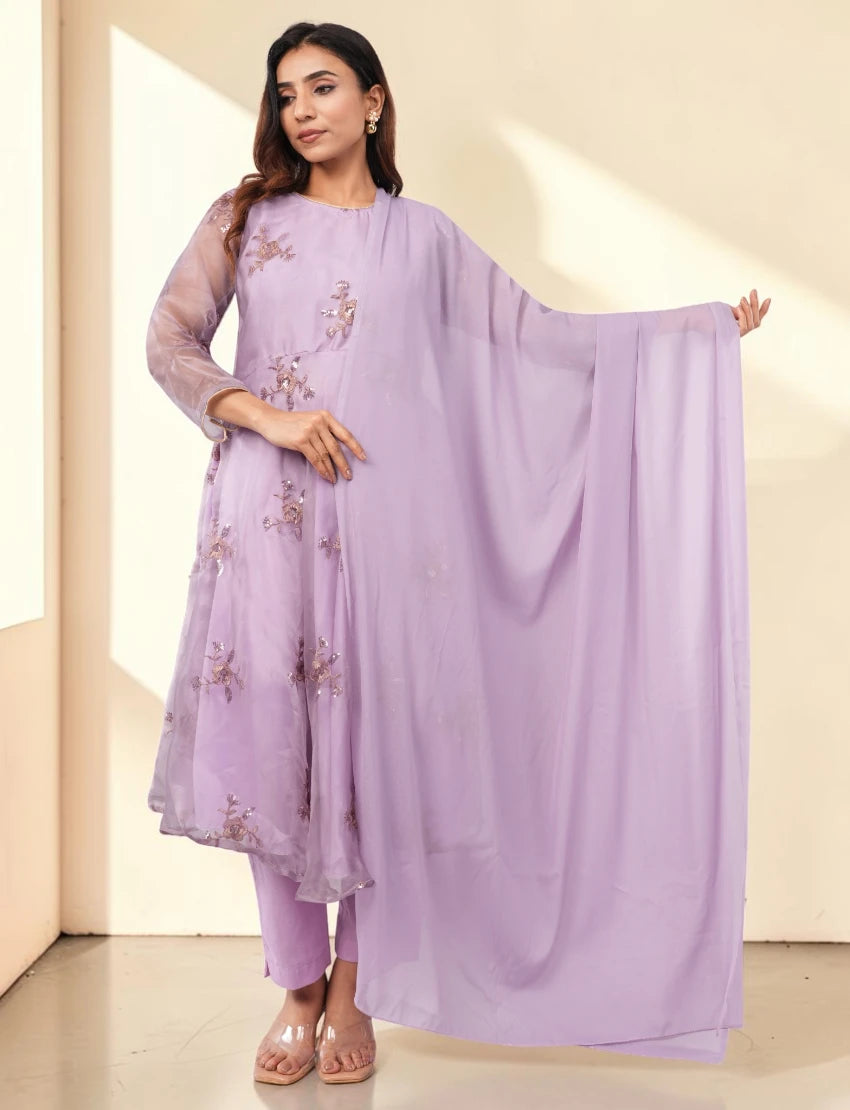 Women Embroidered Purple Salwar Suit Set with Dupatta