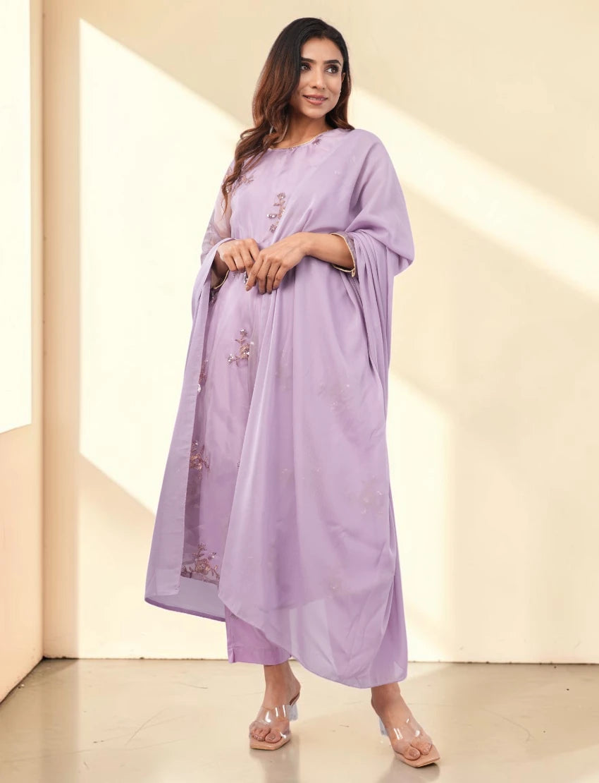 Women Embroidered Purple Salwar Suit Set with Dupatta