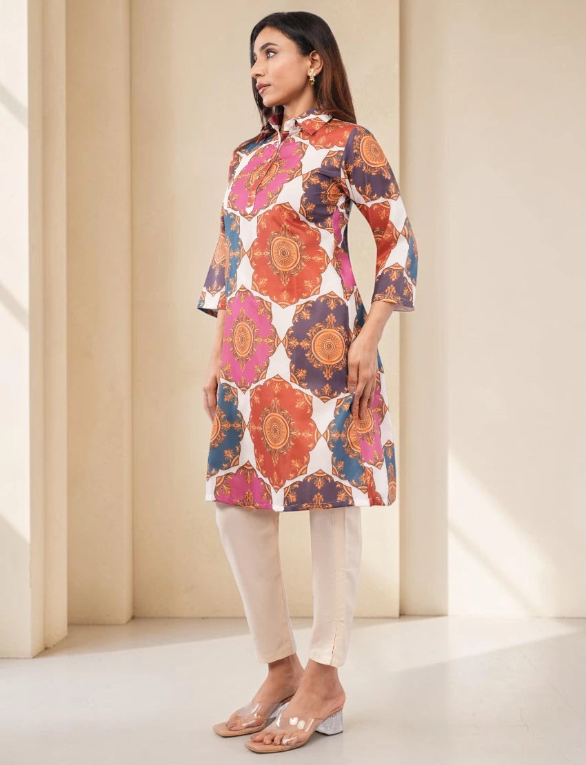 Women Cotton Salwar Suit Set, Multicolor Printed Kurta with White Dupatta