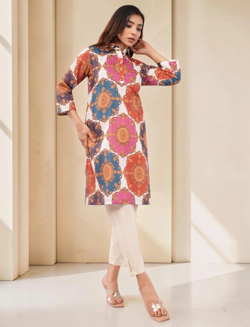Women Cotton Salwar Suit Set, Multicolor Printed Kurta with White Dupatta