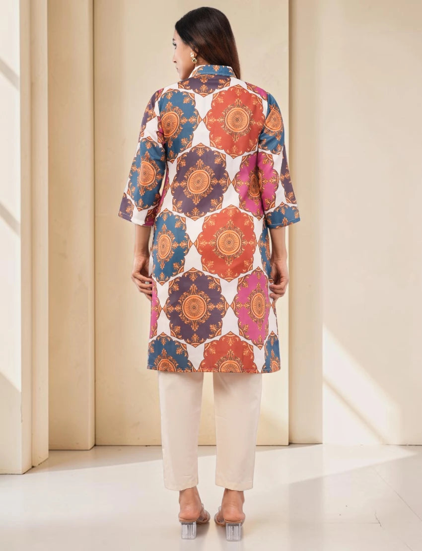 Women Cotton Salwar Suit Set, Multicolor Printed Kurta with White Dupatta