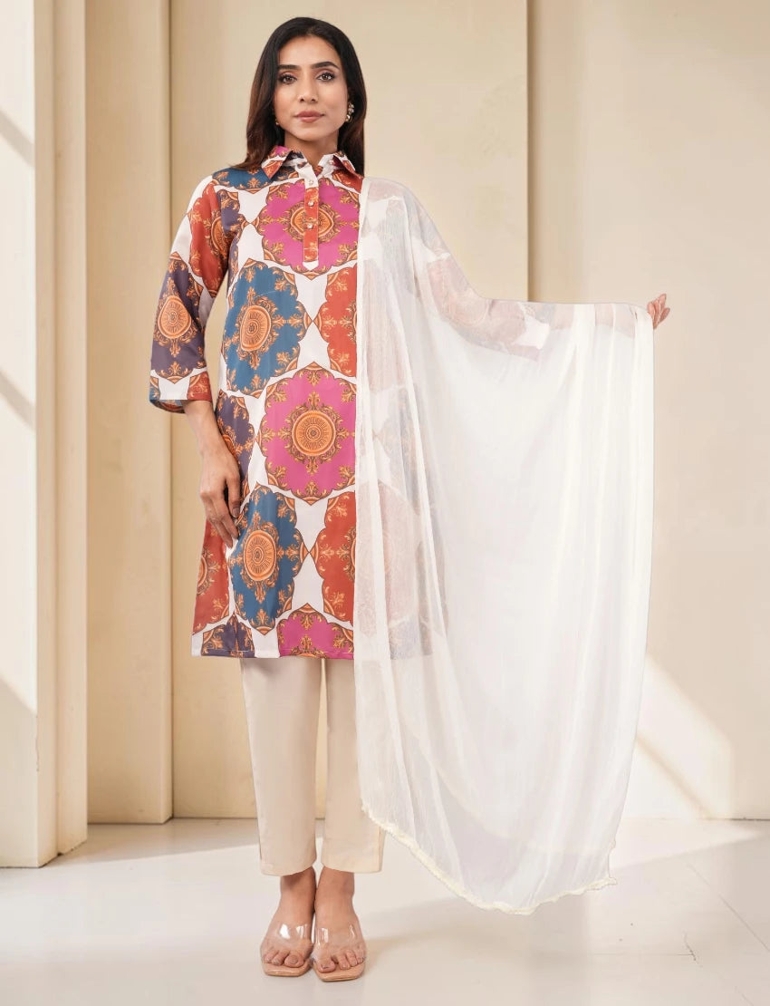 Women Cotton Salwar Suit Set, Multicolor Printed Kurta with White Dupatta