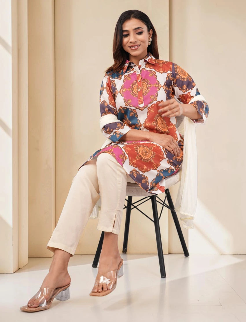 Women Cotton Salwar Suit Set, Multicolor Printed Kurta with White Dupatta