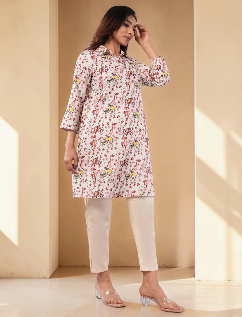 Women Cotton Blend Salwar Suit, Floral Print Tunic with Pants